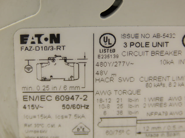 Eaton FAZ-D10/3-RT Circuit Breaker 3 Pole 415V 10A Lot of 2