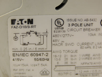 Eaton FAZ-D10/3-RT Circuit Breaker 3 Pole 415V 10A Lot of 2