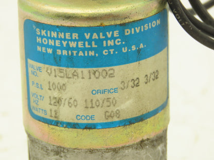 Honeywell Skinner V15LA11002 Solenoid Valve 3 Way 1000PSI 1/8" NPT 3/32" Orifice