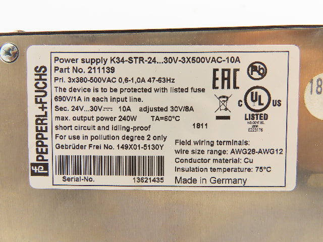Pepperl Fuchs 211139 PLC Power Supply Module PRI 3x380-500V SEC 24V 10A