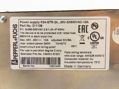 Pepperl Fuchs 211139 PLC Power Supply Module PRI 3x380-500V SEC 24V 10A