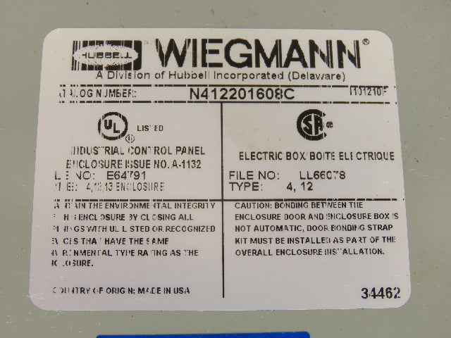 Wiegmann N412201608C Electrical Box Enclosure 20x16x8" Wall Mount Back Plate
