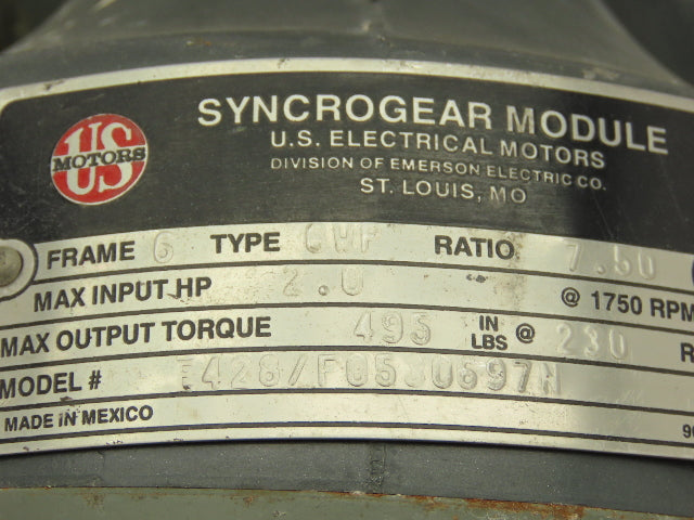 US Motors 6WP Syncrogear Gearmotor 7.5:1 Reducer LH 230rpm 0.75Hp 230/460V 3PH