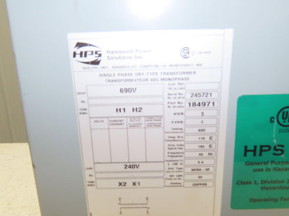 Hammond 184971 Step Down Power Transformer 5kva HV 690 LV 240 Single Phase