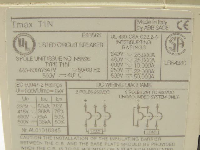 ABB Tmax T1N SACE Circuit Breaker 80A 3 Pole 600V