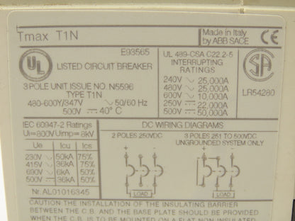 ABB Tmax T1N SACE Circuit Breaker 80A 3 Pole 600V