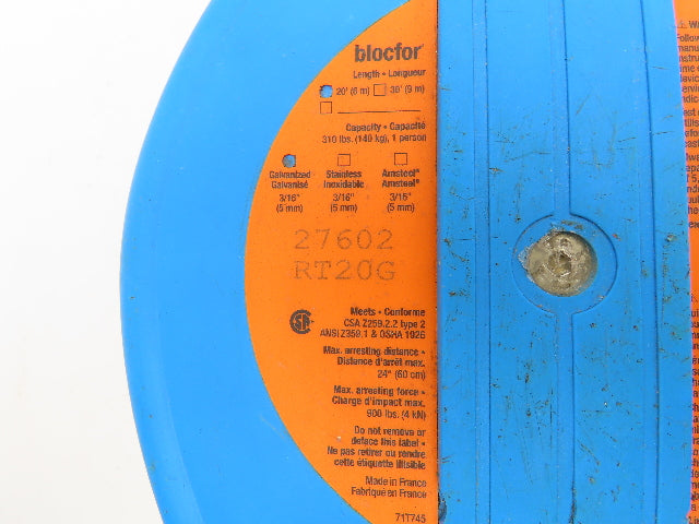 Tractel Blocfor Self-Retracting Lifeline Fall Protection Device 20' 310 lbs.