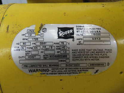 Yale KEL Electric Chain Hoist 1/2 Ton 16 FPM 9' Lift 110 Volt Manual Trolley