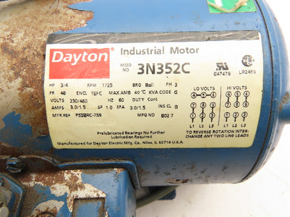 Dayton 3N352C Industrial Electric Motor 3/4Hp 1725RPM 230/460V 3Ph 48 Frame