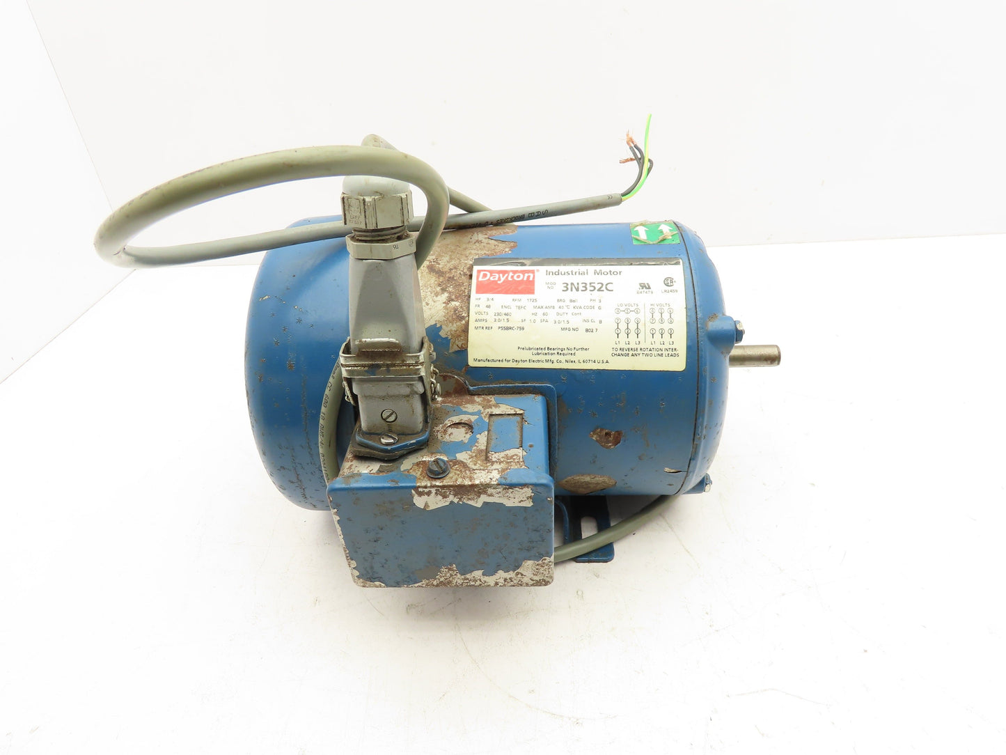 Dayton 3N352C Industrial Electric Motor 3/4Hp 1725RPM 230/460V 3Ph 48 Frame