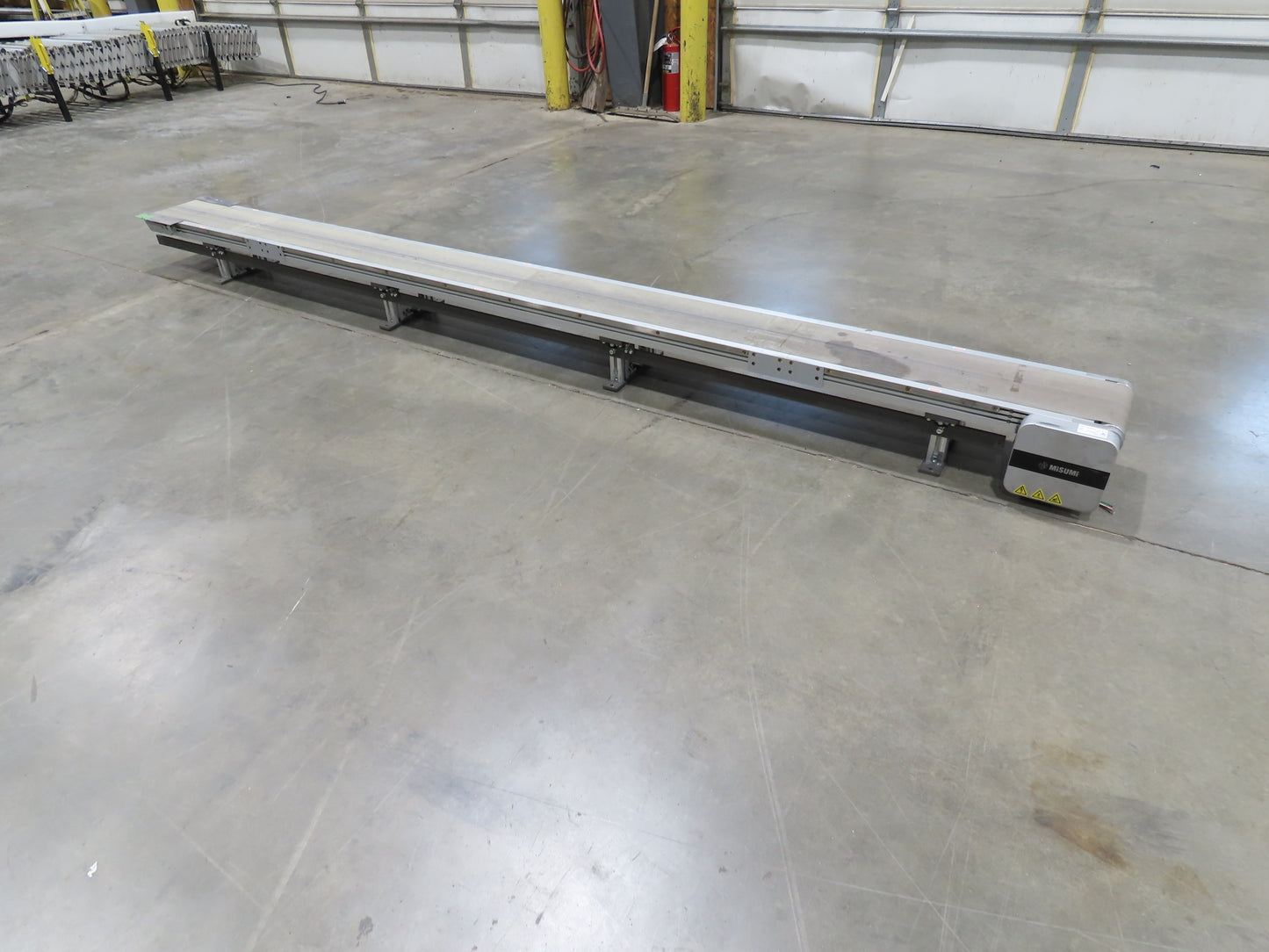 Misumi CVSF-200 Low Profile 8" Belt Conveyor 11' 6"L 230V 3PH End Drive 175fpm