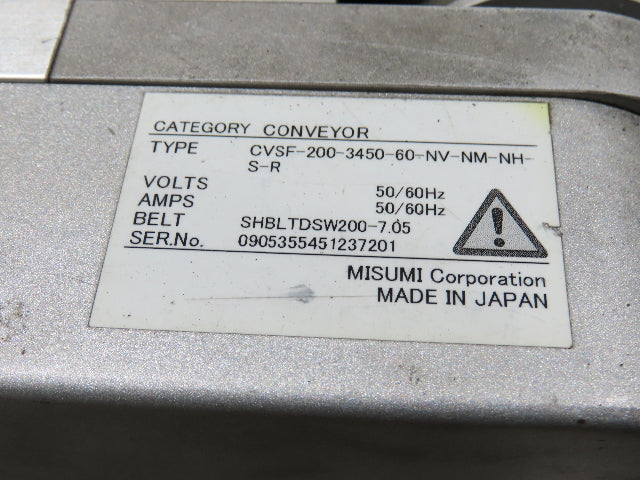 Misumi CVSF-200 Low Profile 8" Belt Conveyor 11' 6"L 230V 3PH End Drive 175fpm