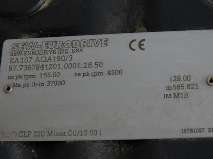 Sew-Eurodrive KA107 AQA190/3 Helical Inline Gear Drive 29:1 Reducer Hollow Shaft