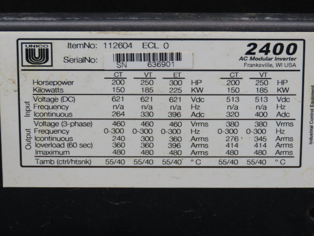 Unico 2400 AC Modular Inverter Drive 300HP 3Ph 460V 112604 ECL0