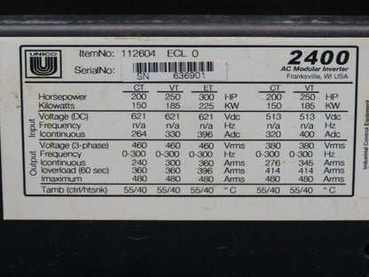 Unico 2400 AC Modular Inverter Drive 300HP 3Ph 460V 112604 ECL0