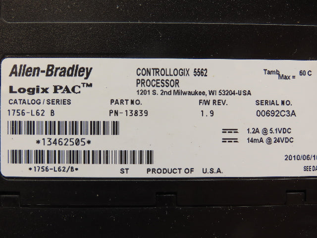 Allen Bradley 1756-L62 ControlLogix 5562 Processor Logix Pac Ser B