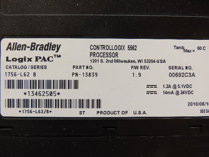 Allen Bradley 1756-L62 ControlLogix 5562 Processor Logix Pac Ser B