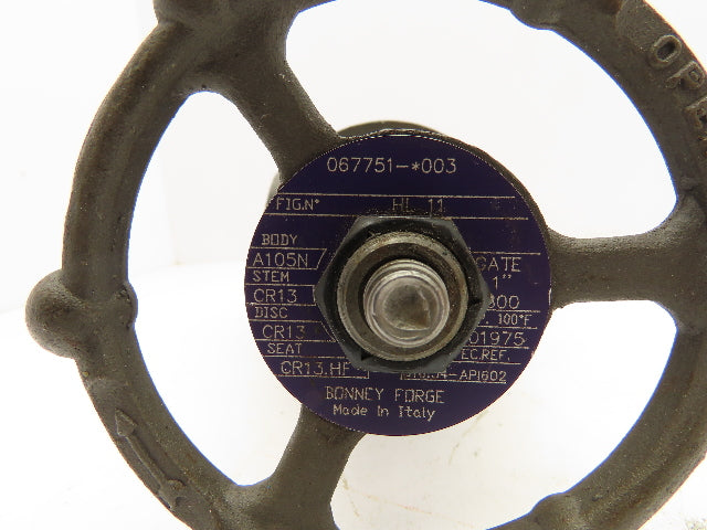 Bonney Forge HL 11 Manual Gate Valve 1" Socket Weld Class 800 A105N Steel