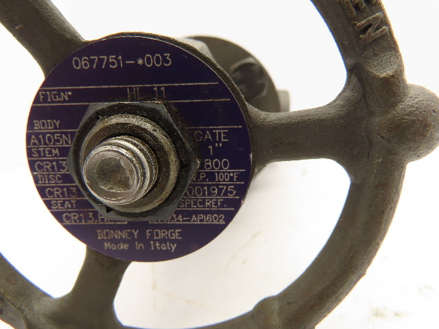 Bonney Forge HL 11 Manual Gate Valve 1" Socket Weld Class 800 A105N Steel