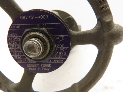 Bonney Forge HL 11 Manual Gate Valve 1" Socket Weld Class 800 A105N Steel