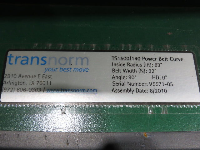 Transnorm TS1500/140 90° RH Curve 32" Belt Conveyor 420 FPM Belt Drive 460V 3PH