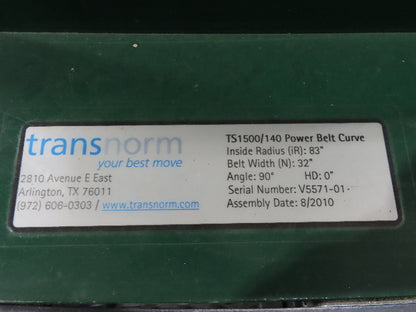 Transnorm TS1500/140 90° RH Curve 32" Belt Conveyor 420 FPM Belt Drive 460V 3PH