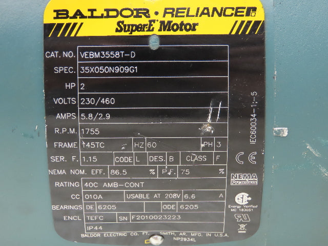 Baldor VEBM3558T-D Inline Gearmotor w/Brake 2Hp 460V 145TC Quantis 42:1 Reducer