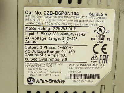 Allen Bradley 22B-D6P0N104 Powerflex 40 AC Drive VFD 480V 3Hp 6A
