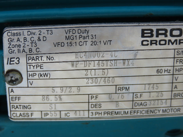 Brook Crompton BC4N002-4C VFD Duty AC Motor 2Hp 1745rpm 230/460V 3PH 145TC TEFC