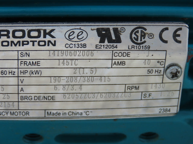 Brook Crompton BC4N002-4C VFD Duty AC Motor 2Hp 1745rpm 230/460V 3PH 145TC TEFC
