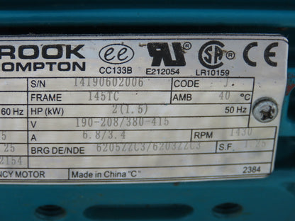 Brook Crompton BC4N002-4C VFD Duty AC Motor 2Hp 1745rpm 230/460V 3PH 145TC TEFC