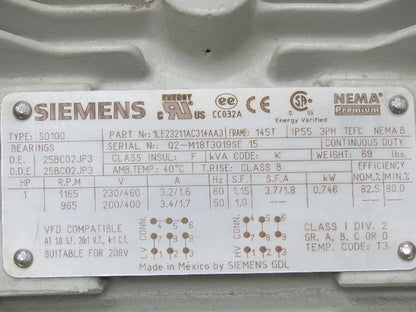 Siemens 1LE23211AC314AA3 SD100 Severe Duty AC Motor 1Hp 1165rpm 230/460V 145T