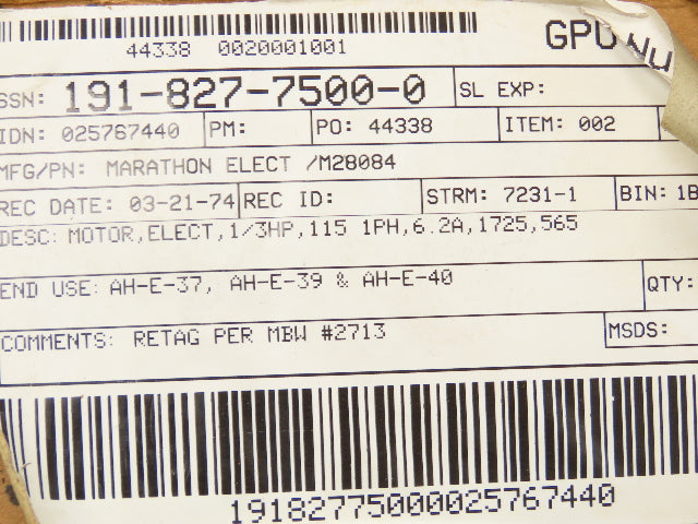 Marathon Electric M28084 AC Motor 1/3Hp 1725rpm 115V 1PH Single Phase 56-5 Frame