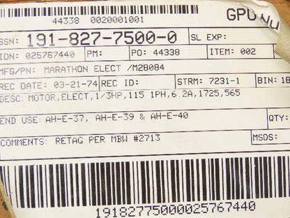 Marathon Electric M28084 AC Motor 1/3Hp 1725rpm 115V 1PH Single Phase 56-5 Frame