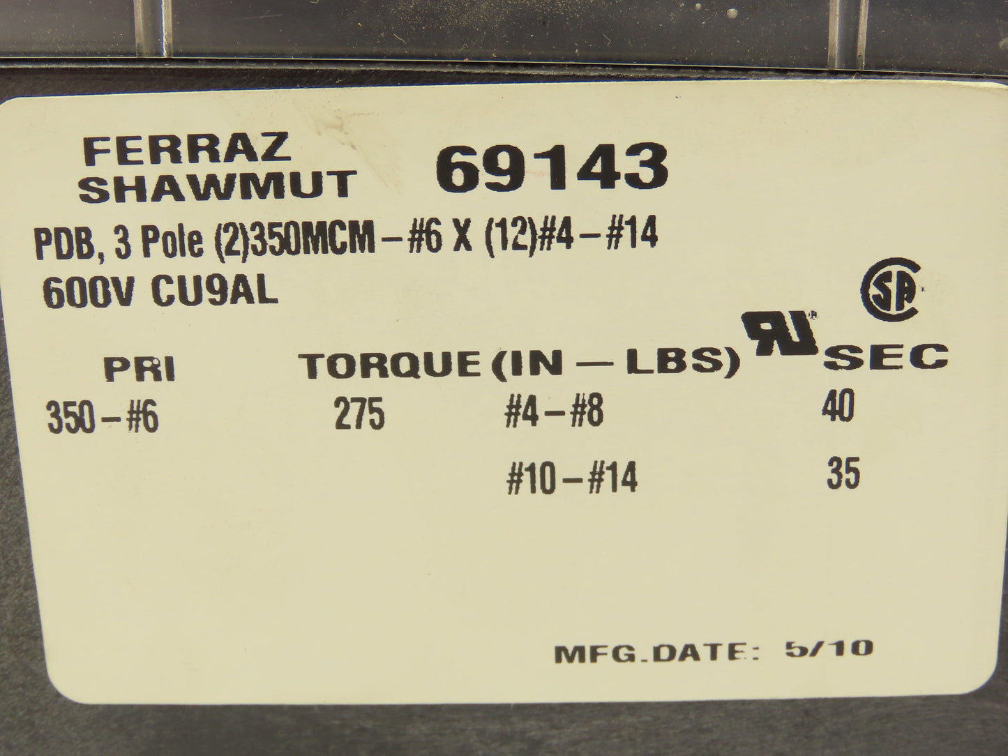 Ferraz Shawmut 69143 Power Distribution Block 3 Pole 600V