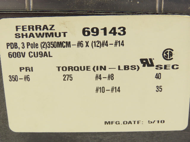 Ferraz Shawmut 69143 Power Distribution Block 3 Pole 600V