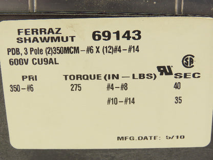 Ferraz Shawmut 69143 Power Distribution Block 3 Pole 600V