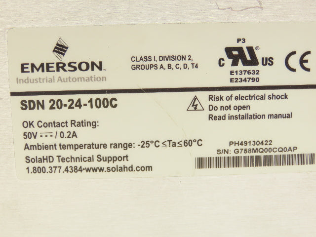 Sola Emerson SDN 20-24-100C PLC Power Supply 100-240V 5.6A