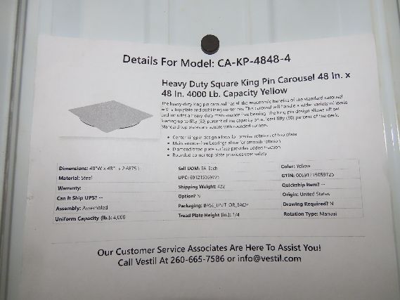 Vestil CA-KP-4848-4 Heavy Duty King Pin Carousel 48x48" 4000lb 1/4" Steel Plate