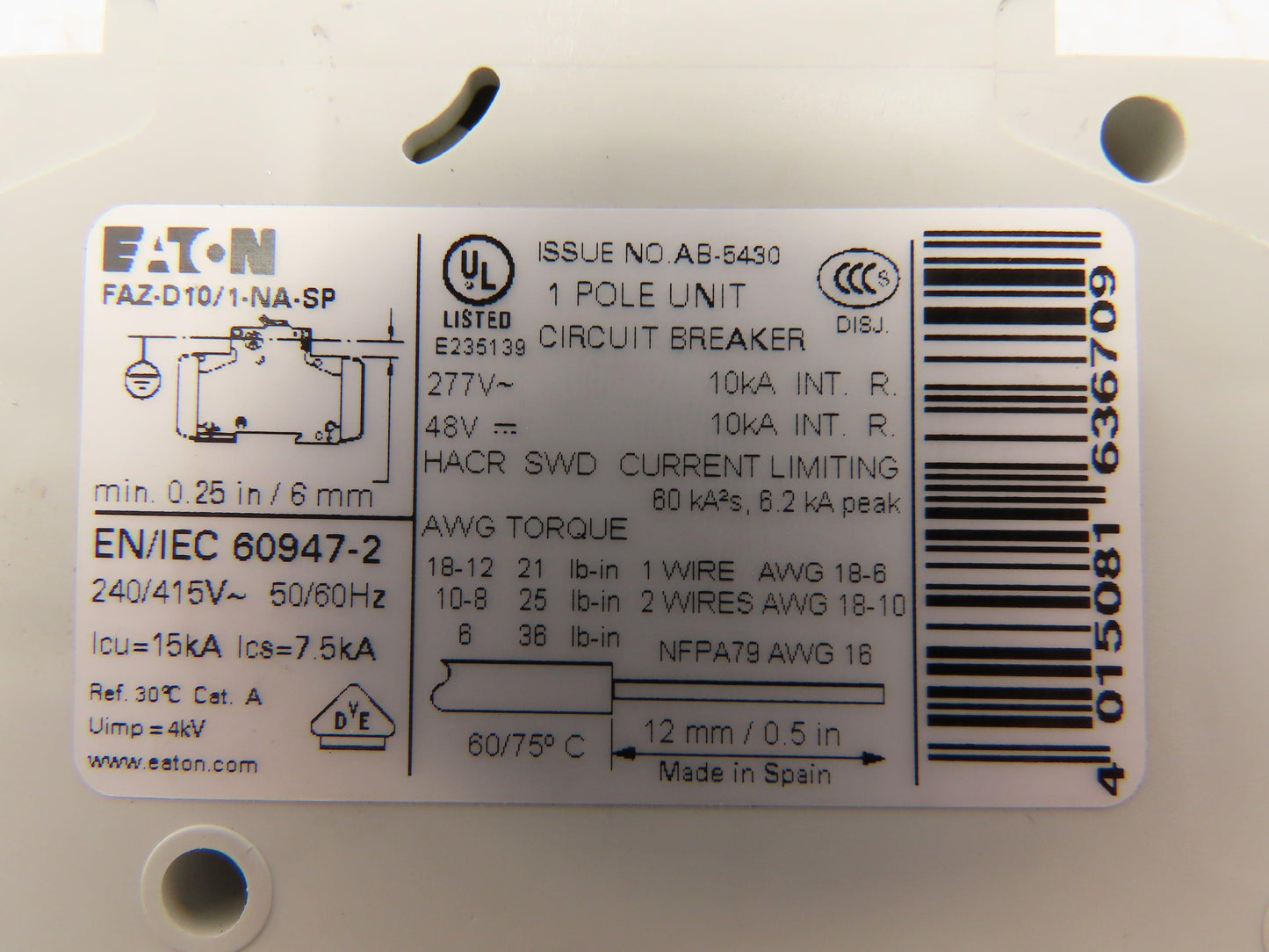 Eaton FAZ-D10/1-NA Circuit Breaker 1 Pole 10A Lot of 5