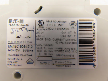 Eaton FAZ-D10/1-NA Circuit Breaker 1 Pole 10A Lot of 5