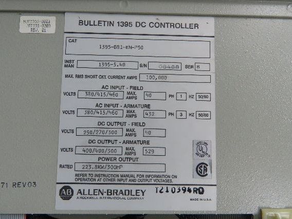 Allen Bradley 1395-B81-EN-P50 DC Controller Drive 300HP 500VDC AB 460V Input 3Ph