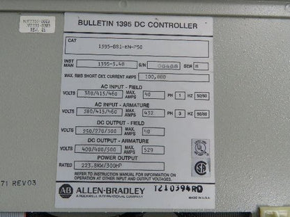 Allen Bradley 1395-B81-EN-P50 DC Controller Drive 300HP 500VDC AB 460V Input 3Ph