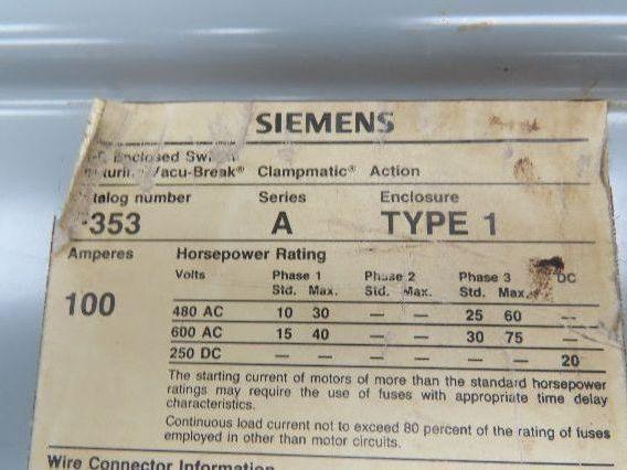 Siemens F353 I-T-E Heavy Duty Safety Disconnect Switch 100A 600V 3Ph Fused
