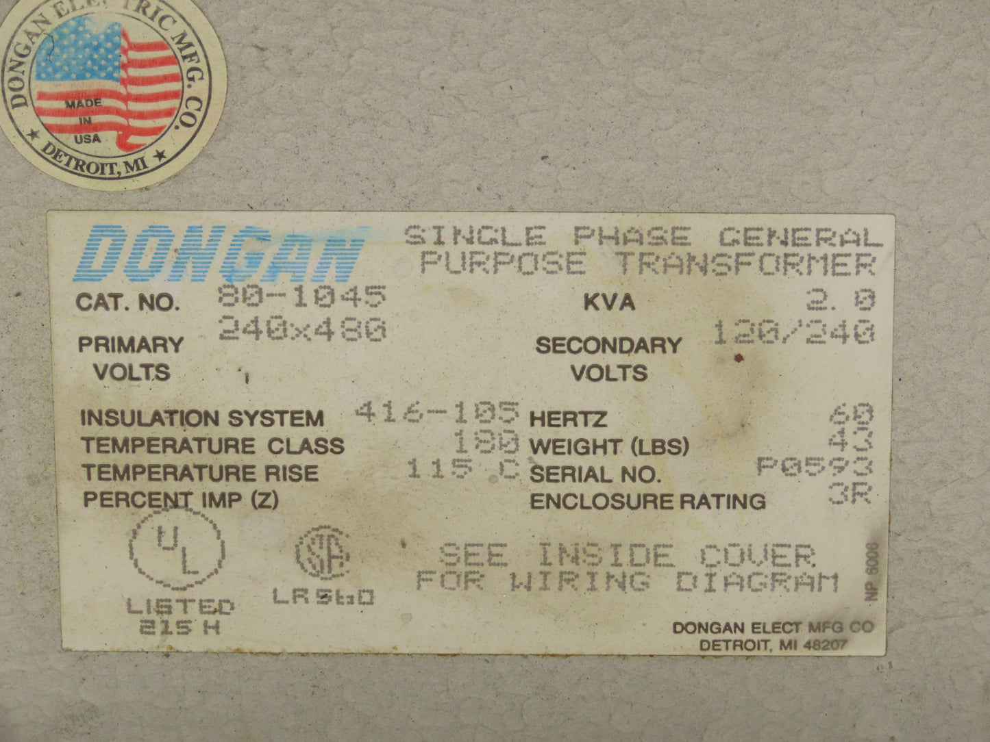 Dongan 80-1045 Single Phase Transformer 2KVA HV 240x480V LV 120/240V 1PH Type 3R