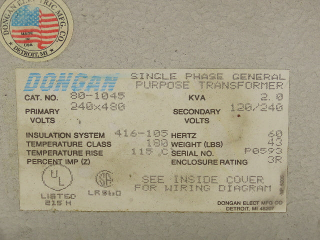 Dongan 80-1045 Single Phase Transformer 2KVA HV 240x480V LV 120/240V 1PH Type 3R