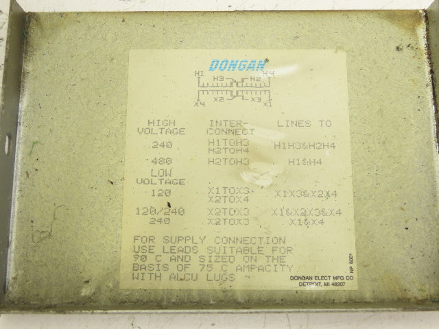Dongan 80-1045 Single Phase Transformer 2KVA HV 240x480V LV 120/240V 1PH Type 3R