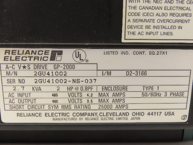 Reliance Electric 2GU41002 AC VS Drive GP2000 2HP Motor 2.7KVA 460V 3Ph