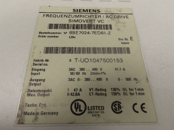 Siemens 6SE7024-7ED61-Z Simovert MasterDrive AC Drive 22kw 30 HP 480V 3Ph