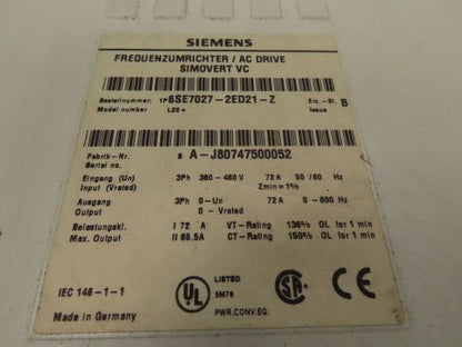Siemens 6SE7027-2ED21-Z Simovert MasterDrive AC Drive 37kw 50 HP 480V 3Ph